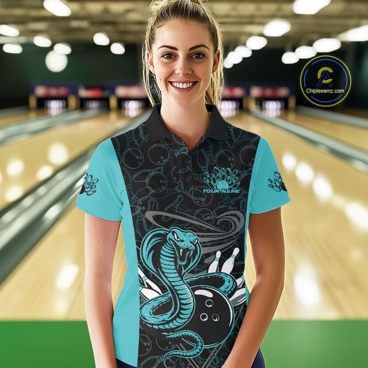 Custom Blue Cobra Snake Bowling Team Women Polo Shirts, Bowling Pattern Shirt IPHW9706