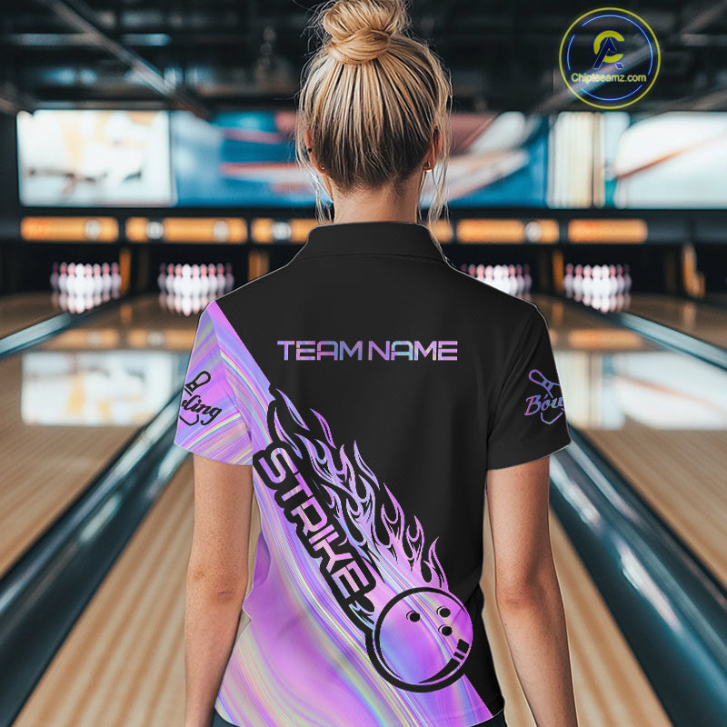 Custom Hologram Flame Strike Bowling Polo Shirts For Women, Bowling Team Bowler Outfit IPHW9858