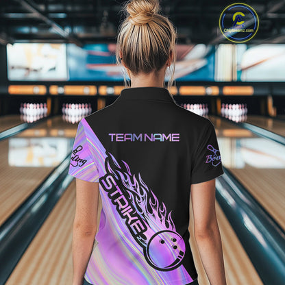 Custom Hologram Flame Strike Bowling Polo Shirts For Women, Bowling Team Bowler Outfit IPHW9858