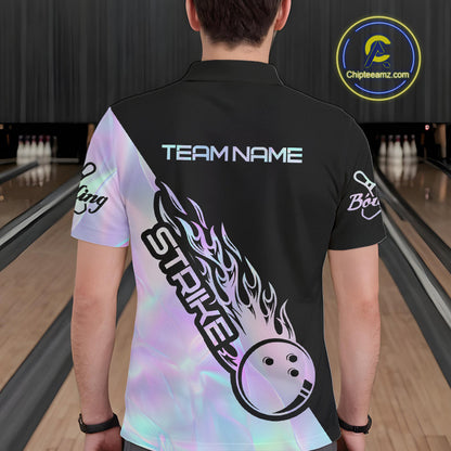 Custom Hologram Flame Strike Bowling Men Polo Shirt, Holographic Icy Crystal Bowling Shirt IPHW9863