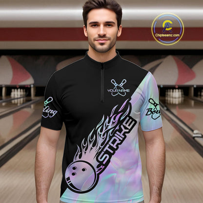 Custom Hologram Flame Strike Bowling Men Quarter-Zip Shirt, Holographic Icy Crystal Bowling Shirt IPHW9863