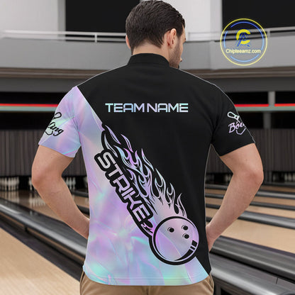 Custom Hologram Flame Strike Bowling Men Quarter-Zip Shirt, Holographic Icy Crystal Bowling Shirt IPHW9863