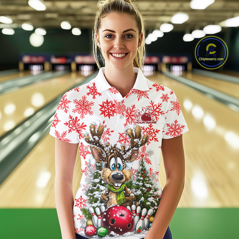 Custom Cute Funny Reindeer Christmas Bowling Women Polo Shirts, Xmas Team Bowling Shirt IPHW10113
