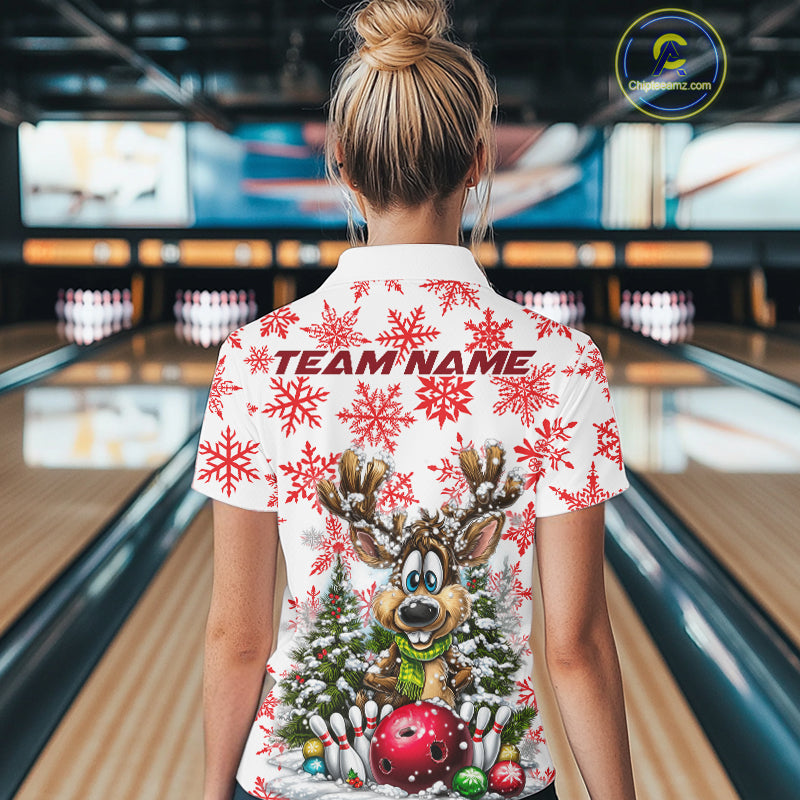 Custom Cute Funny Reindeer Christmas Bowling Women Polo Shirts, Xmas Team Bowling Shirt IPHW10113