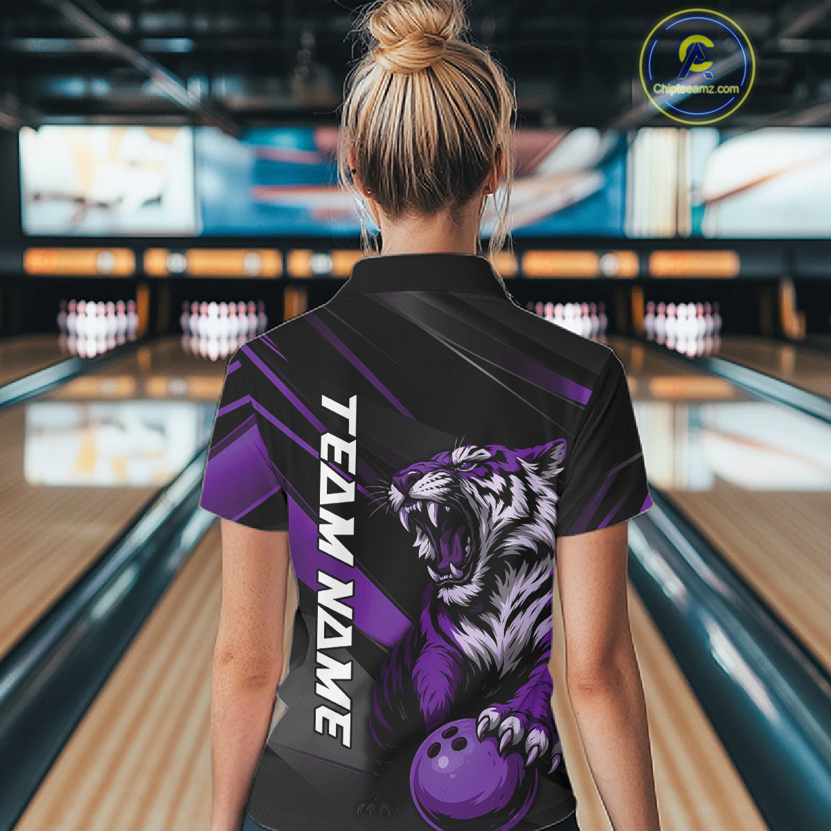 Custom Black And Purple Tiger Bowling Team Women Shirt, Bowling League Shirt Bowler Uniform IPHW10778