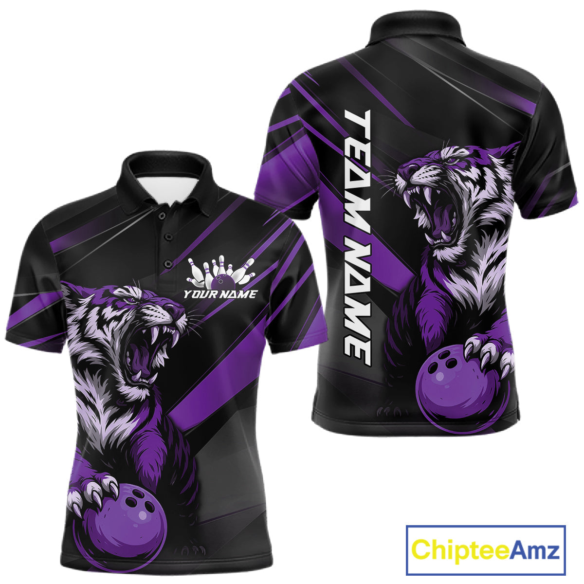 Custom Black And Purple Tiger Bowling Team Men Shirt, Bowling League Shirt Bowler Uniform IPHW10778