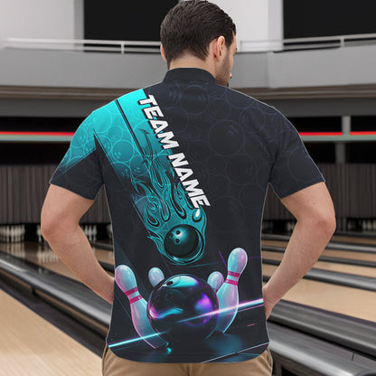 Custom Black And Blue Flame Bowling Quarter-Zip Shirts For Men, Holographic Bowling League Shirt IPHW8902