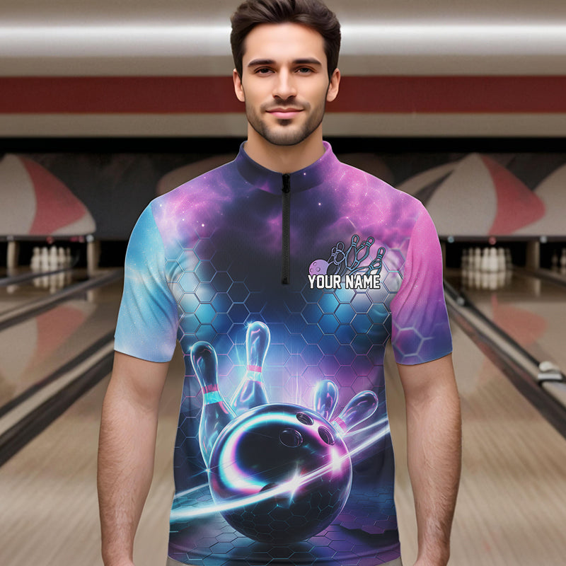 Custom Galaxy Bowling Team Men Quarter-Zip Shirts, Holographic Bowling Jersey Bowling League Shirt IPHW8904
