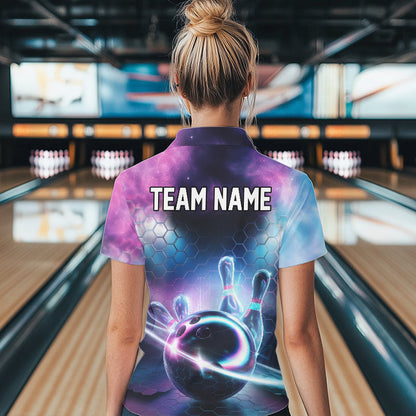Custom Galaxy Bowling Team Women Quarter-Zip Shirts, Holographic Bowling Jersey IPHW8904