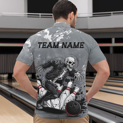 Custom Rock Style Skull Bowling Quarter-Zip Shirts For Men, Funny Skeleton Bowlers Outfit IPHW8906