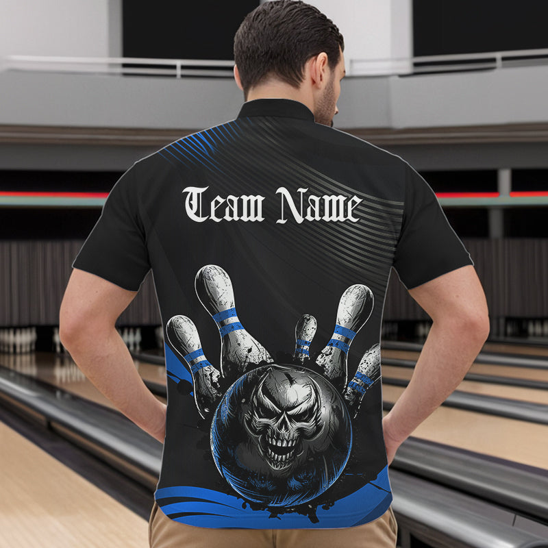 Custom Black And Blue Grunge Style Skull Bowling Quarter-Zip Shirts For Men, Bowling Team Uniform IPHW8908
