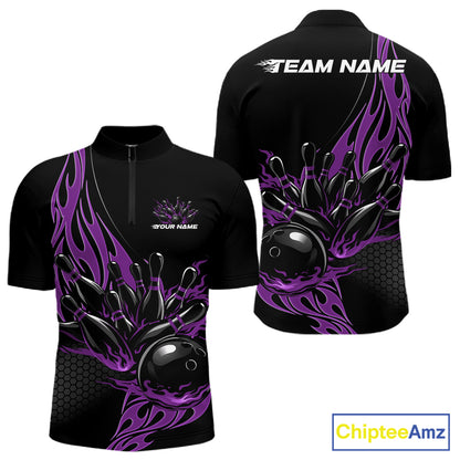Front and back mockup of black quarter zip shirt with purple flaming black bowling ball striking pins in striking, modern sportswear design.