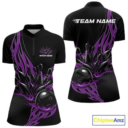 Womens quarter zip bowling shirt mockup, black shirt showcasing purple flaming black bowling ball striking pins vibrant artwork