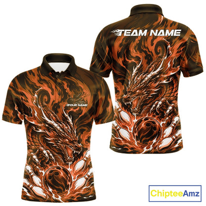 Custom bowling shirt featuring blaze orange dragon, fiery abstract graphics, bowling pins, a bowling ball, front name personalization, and back team name.