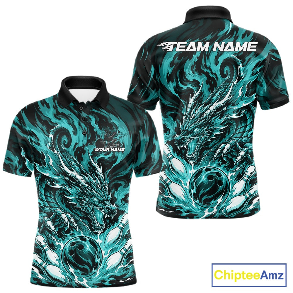 Custom bowling shirt featuring cyan blue dragon, fiery abstract graphics, bowling pins, a bowling ball, front name personalization, and back team name.