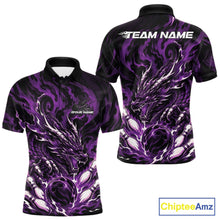 Load image into Gallery viewer, Custom bowling shirt featuring purple dragon, fiery abstract graphics, bowling pins, a bowling ball, front name personalization, and back team name.