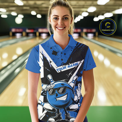 Custom Black And Blue Star Funny Bowling Polo Shirts For Women, Bowling Tournament Shirt IPHW9359