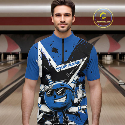 Custom Black And Blue Star Funny Bowling Quarter-Zip Shirts For Men, Bowling Tournament Shirt IPHW9359