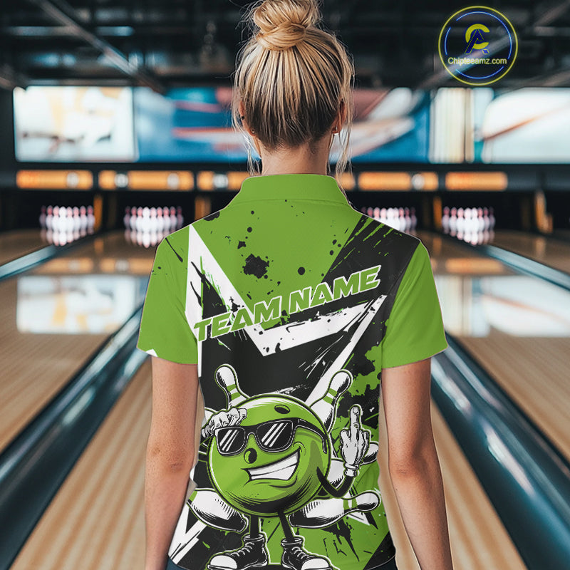 Custom Black And Green Star Funny Bowling Polo Shirts For Women, Bowling Tournament Shirt IPHW9360