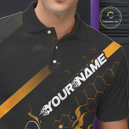 Custom Black And Gold Flame Bowling Shirts For Men, Bowling Team Bowling League Shirts IPHW7505