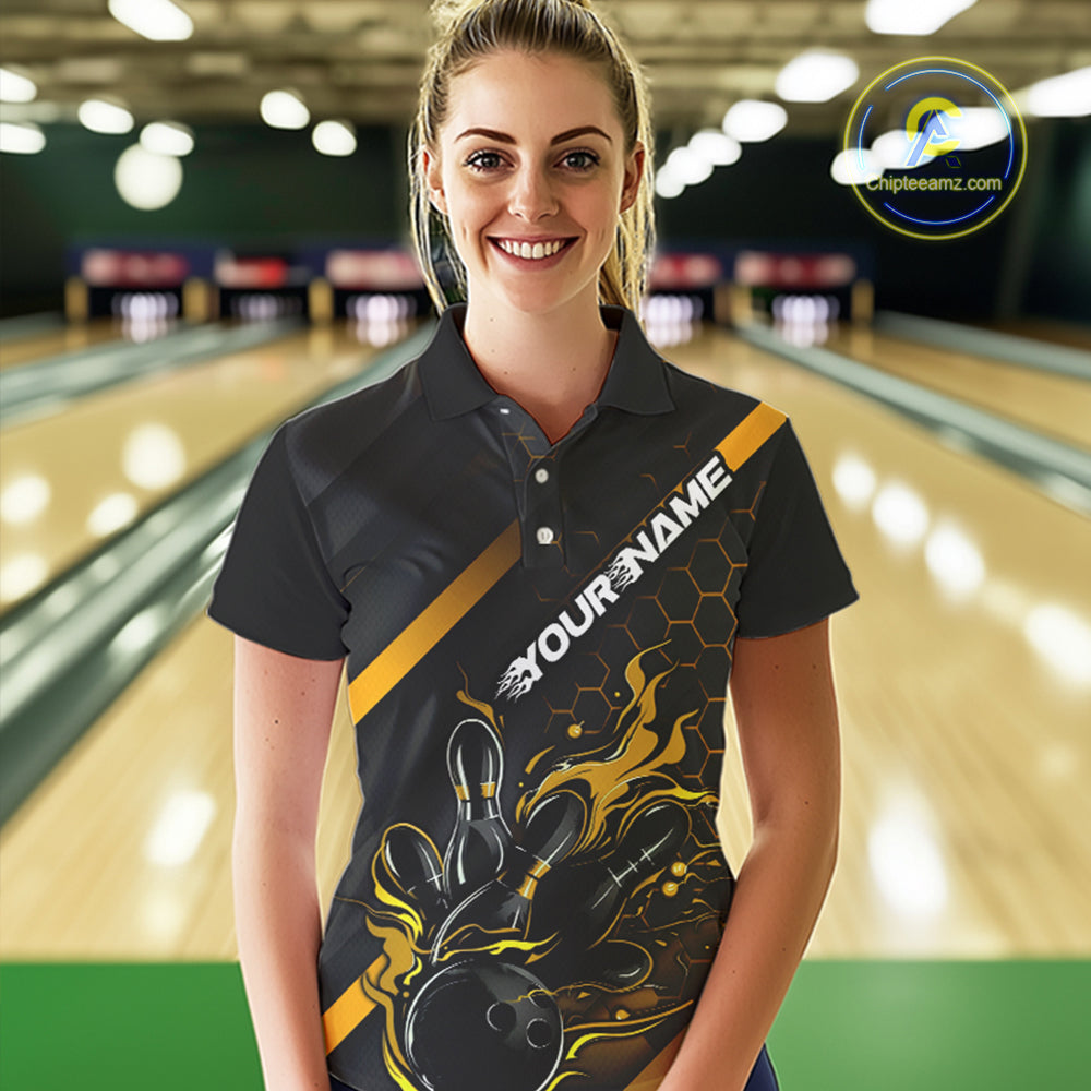 Custom Black And Gold Flame Bowling Shirts For Women, Bowling Team Bowling League Shirts IPHW7505