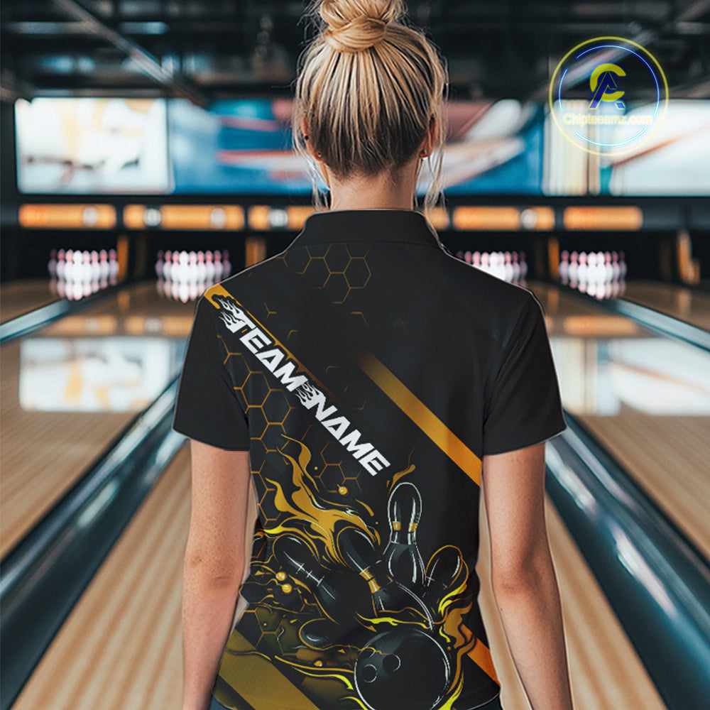 Custom Black And Gold Flame Bowling Shirts For Women, Bowling Team Bowling League Shirts IPHW7505