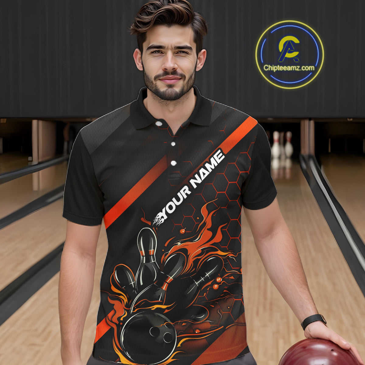 Custom Black And Orange Flame Bowling Shirts For Men, Bowling Team Bowling League Shirts IPHW7508