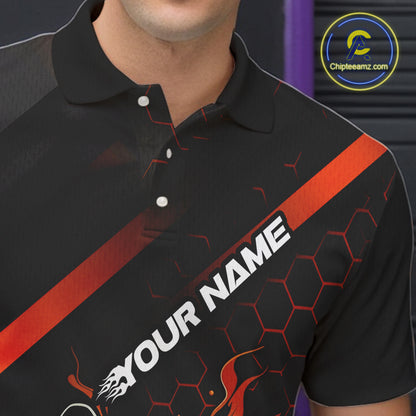 Custom Black And Orange Flame Bowling Shirts For Men, Bowling Team Bowling League Shirts IPHW7508