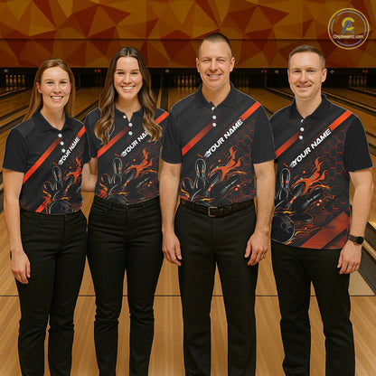 Custom Black And Orange Flame Bowling Shirts For Men, Bowling Team Bowling League Shirts IPHW7508