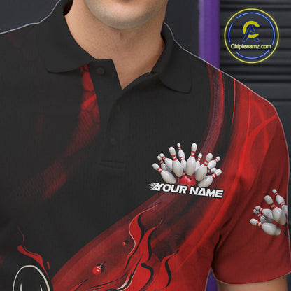 Custom Black And Red Flame Bowling Polo Shirt For Men, Bowling Team League Shirt IPHW9872
