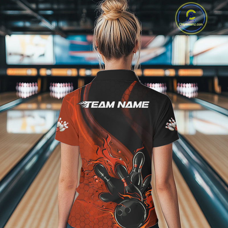 Custom Black And Orange Flame Bowling Polo Shirt For Women, Bowling Team League Shirt IPHW9873