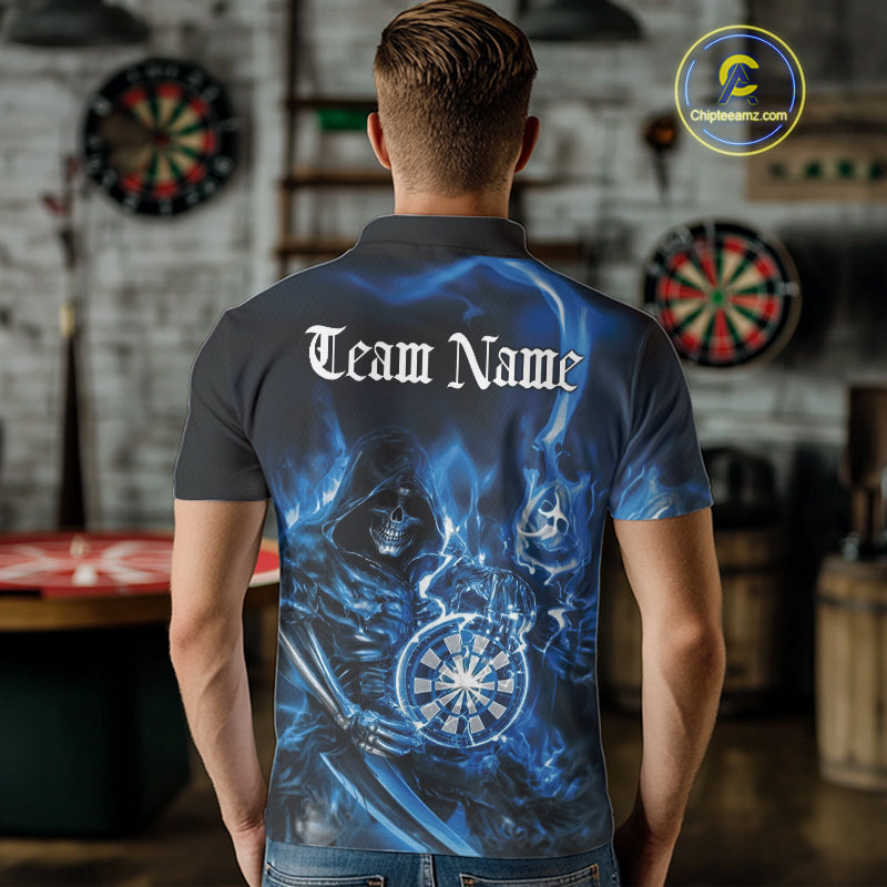 Custom Black And Blue Flame Grim Reaper Dart Team Men Polo Shirts, Halloween Dart Otufit IPHW10026
