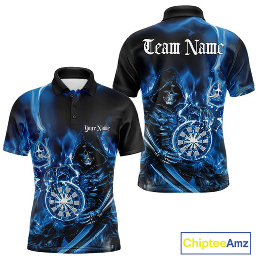 Custom Black And Blue Flame Grim Reaper Dart Team Men Polo Shirts, Halloween Dart Otufit IPHW10026