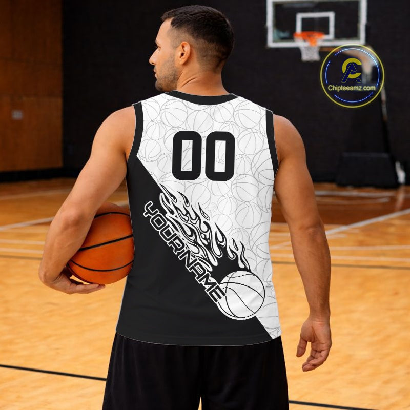Black And White Flame Basketball Ball Team Shirts, Custom Name Team Name Basketball Jerseys IPHW10511