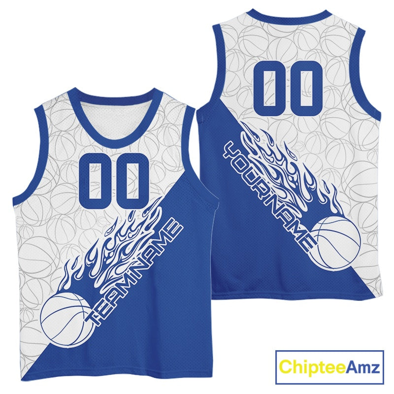 Blue Flame Basketball Ball Team Shirts, Custom Name Team Name Basketball Jerseys IPHW10512