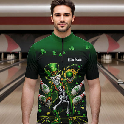 Custom St Patricks Day Leprechaun Skull Bowling Team Quarter-Zip Shirts, Bowling Tournament Outfits IPHW8604
