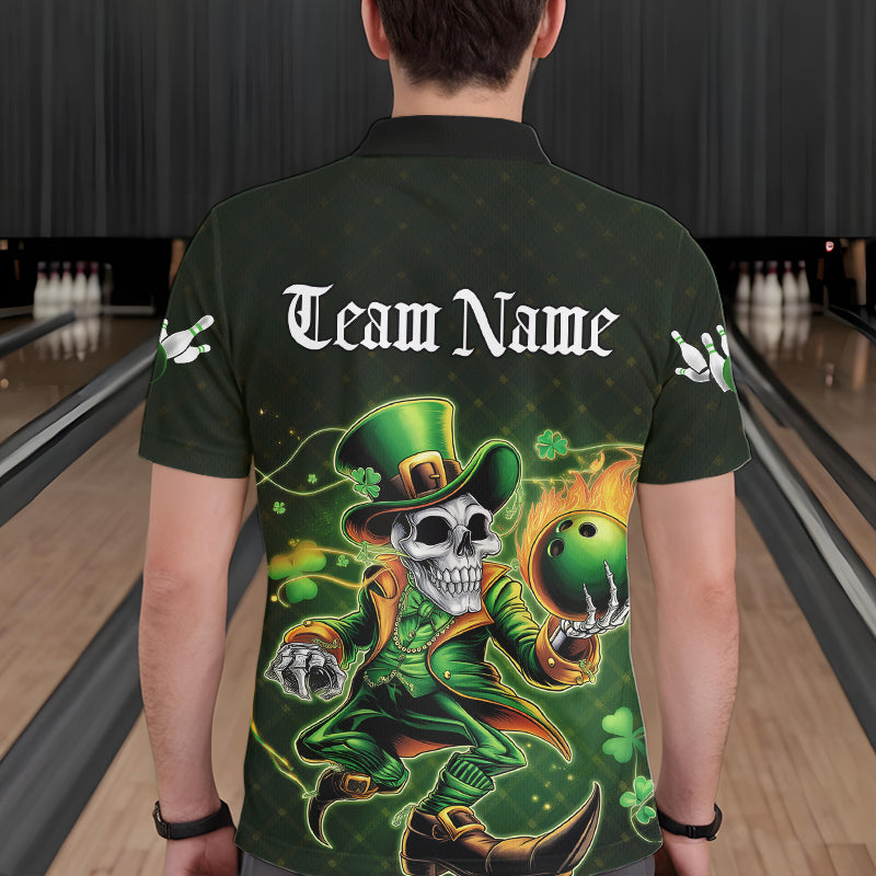 Custom Funny St Patricks Day Leprechaun Skull Bowling Team Polo Shirts, Tournament Outfits IPHW8605