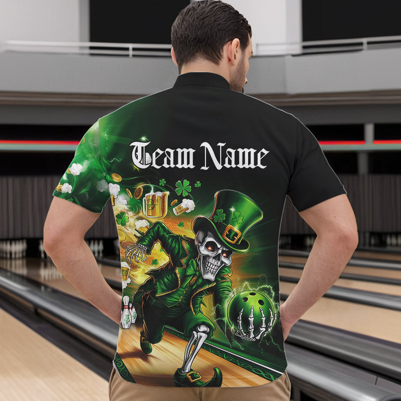 Custom Funny St Patricks Day Leprechaun Skull With Beer Bowling Team Quarter-Zip Shirts Team Outfit IPHW8606