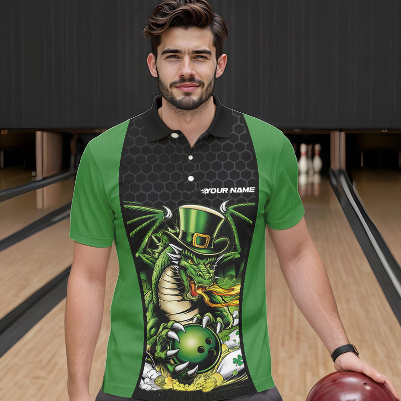 Custom Black And Green St Patricks Dragon Bowling Polo Shirts For Men, Lucky Dragon Bowling IPHW8608