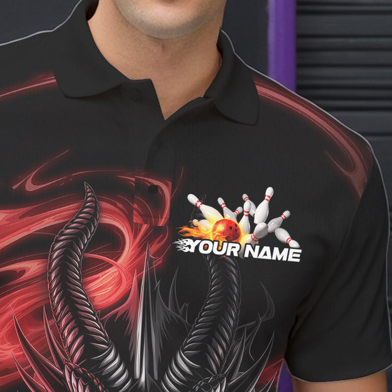 Custom Black And Red Flame Dragon Bowling Team Men Polo Shirts, Bowling League Shirt IPHW8911