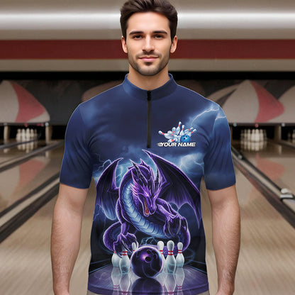 Custom Blue Thunder Lightning Purple Dragon Bowling Team Men Quarter-Zip Shirts, Bowlers Outfit IPHW8922
