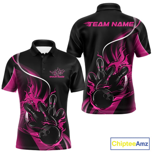 Front and back view mockup of a men’s black and pink polo shirt featuring a flame bowling ball striking pins in a bold and colorful sports apparel design.