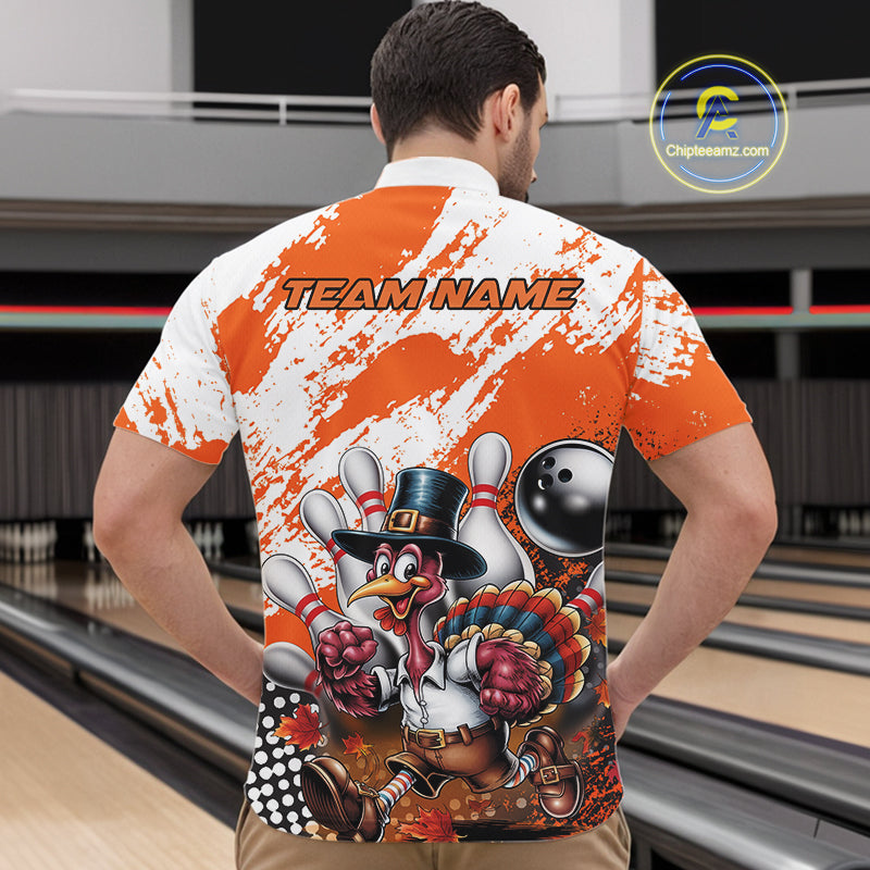 Custom Orange Turkey Bowling Men Quarter-Zip Shirts, Funny Thanksgiving Bowling Team Shirts IPHW9718