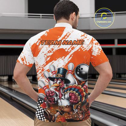 Custom Orange Turkey Bowling Men Quarter-Zip Shirts, Funny Thanksgiving Bowling Team Shirts IPHW9718