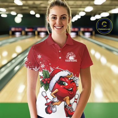 Custom Cute Funny Ladies Christmas Bowling Polo Shirts, Women Team Xmas Bowling Outfit IPHW10136
