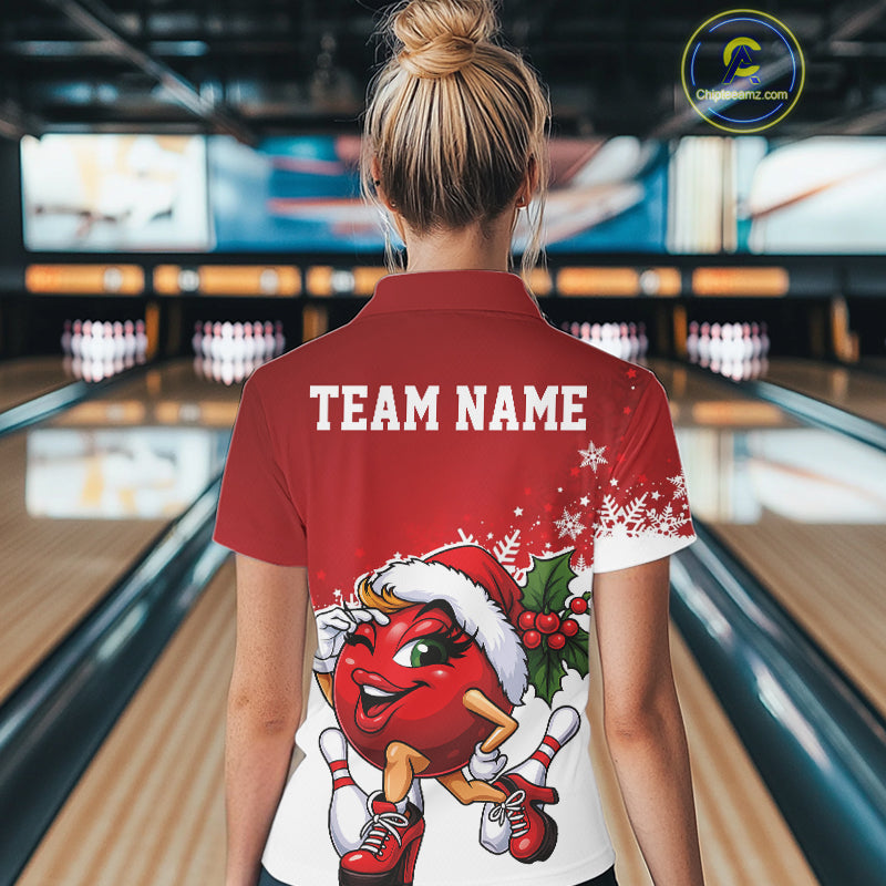 Custom Cute Funny Ladies Christmas Bowling Polo Shirts, Women Team Xmas Bowling Outfit IPHW10136