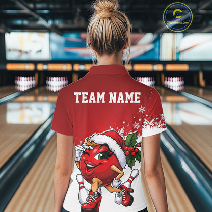 Custom Cute Funny Ladies Christmas Bowling Polo Shirts, Women Team Xmas Bowling Outfit IPHW10136