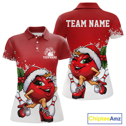 Custom Cute Funny Ladies Christmas Bowling Polo Shirts, Women Team Xmas Bowling Outfit IPHW10136