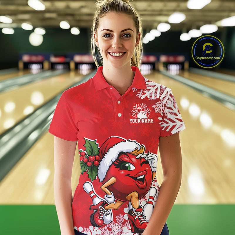 Custom Cute Funny Ladies Christmas Bowling Polo Shirts, Women Team Xmas Bowling Outfit IPHW10138