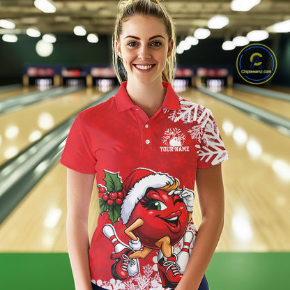 Custom Cute Funny Ladies Christmas Bowling Polo Shirts, Women Team Xmas Bowling Outfit IPHW10138